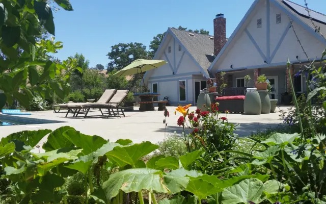 The home and pool viewed from the garden with the lake in the distance